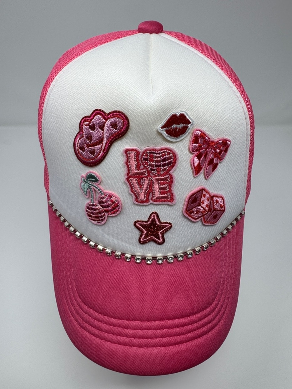 Custom Pink Patch Trucker Hat LOVE Cherry Bow Rhinestone Snapback NWOT